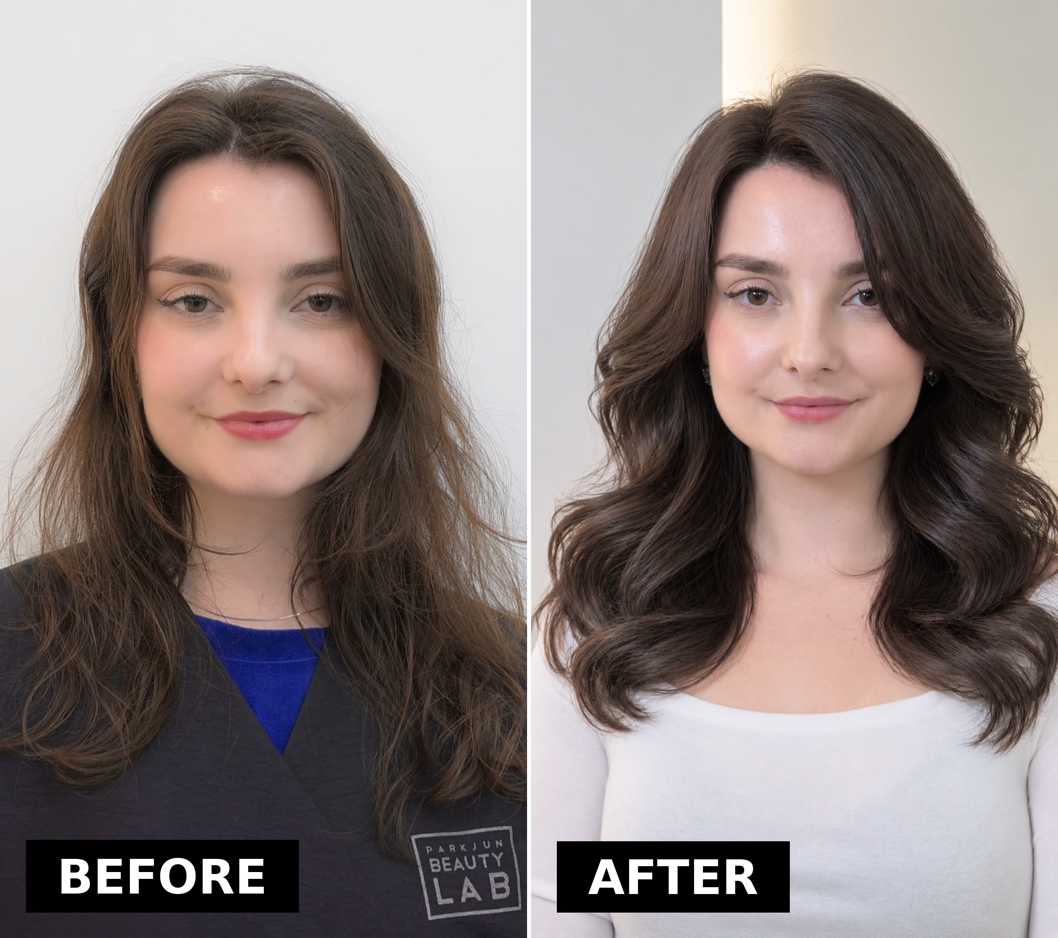 Fine brunette hair before a Korean volumizing perm in Seoul
