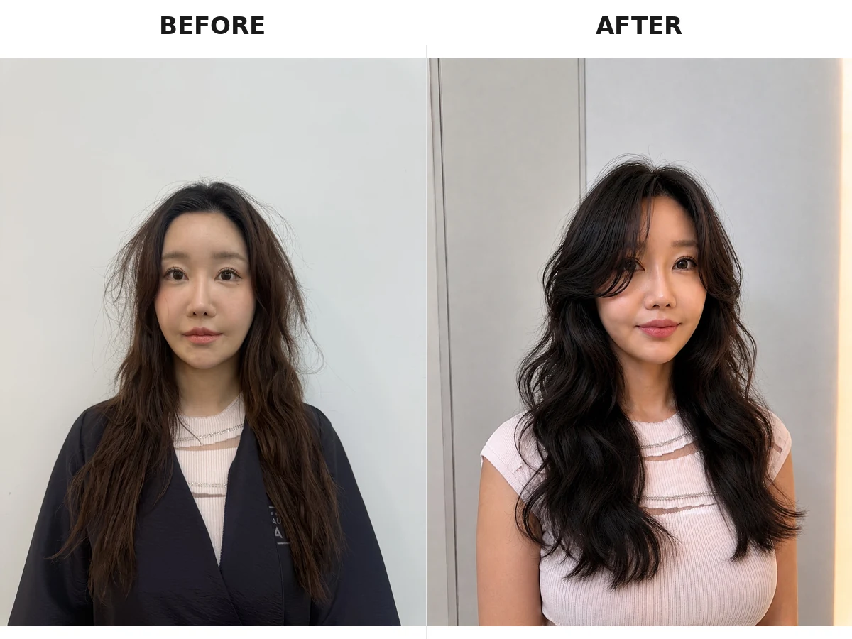 Female Korean perm transformation at a hair salon in Cheongdam Gangnam