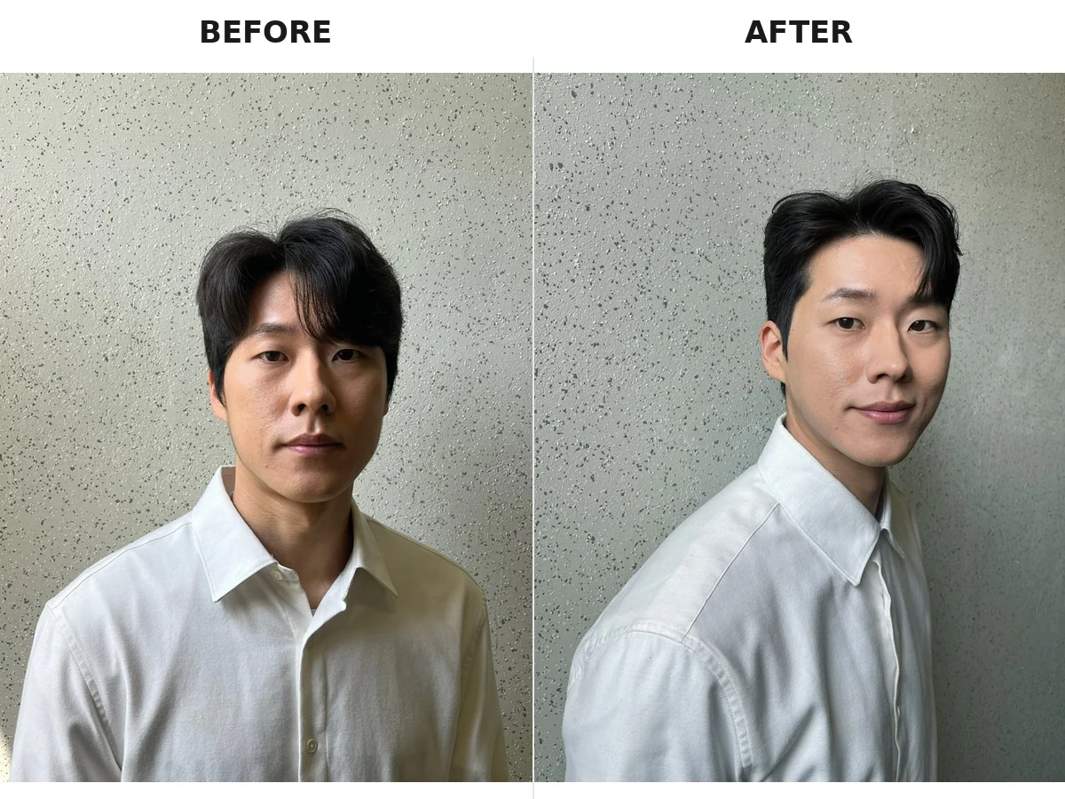 Men's Korean perm transformation at a Gangnam Cheongdam hair salon
