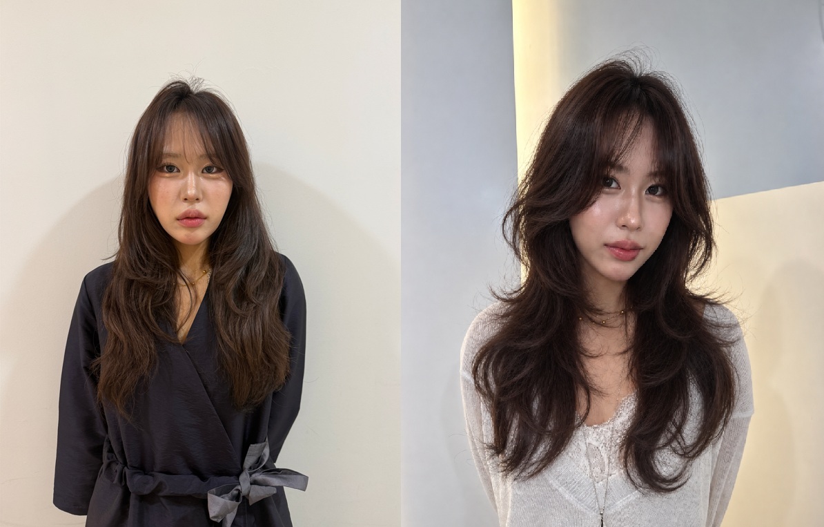 Before and after a Korean layered haircut and digital perm at Parkjun Beautylab Cheongdam