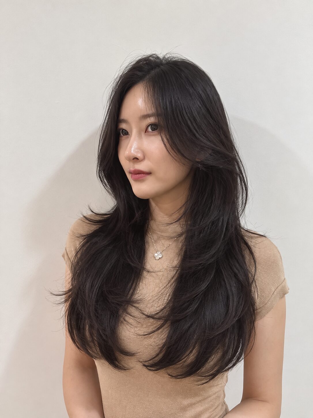 Long layered hair with softly curved C-curl ends