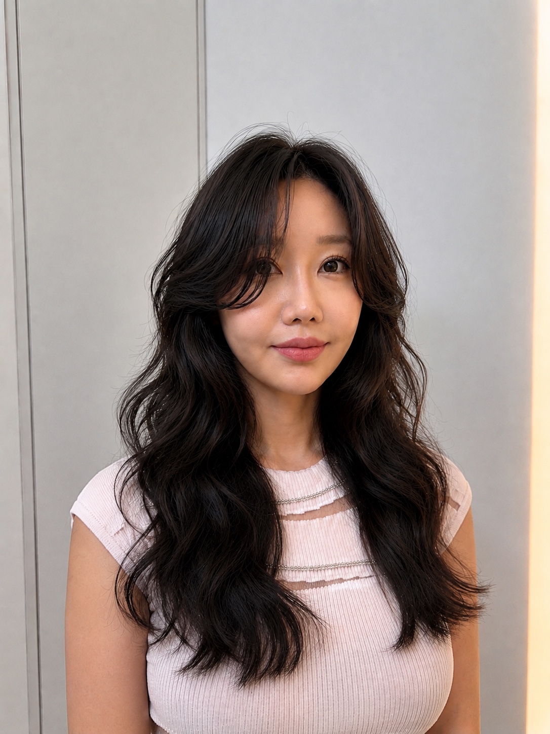 Long layered hair with flowing S-waves from a digital perm